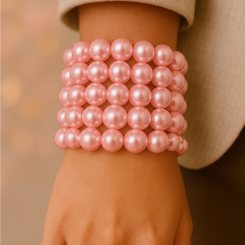 Bridesmaid Gift – 5-Stack Blush Pink Pearl Bead Bracelet Set in Mixed Sizes